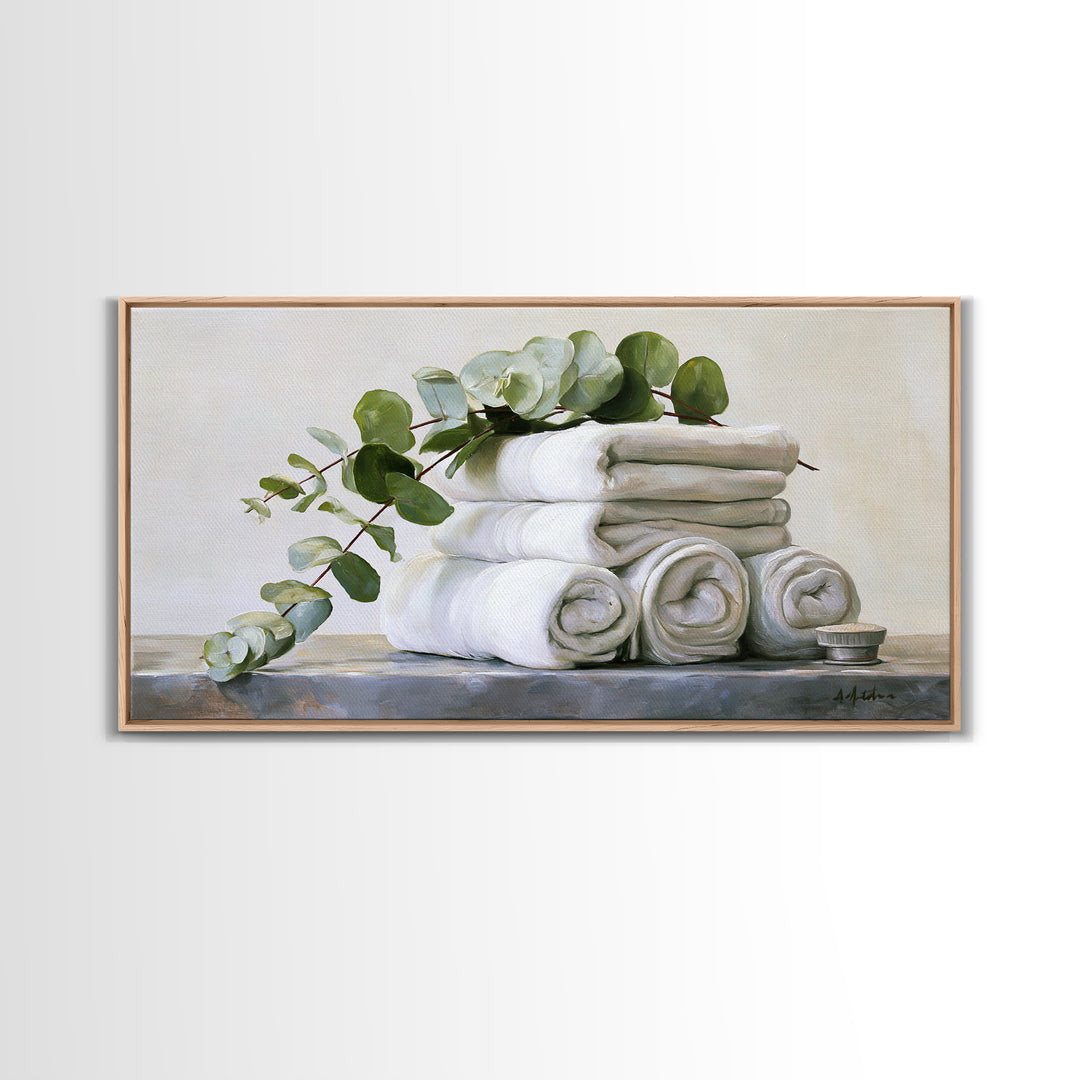 White Towels and Eucalyptus Without Room Context Framed Canvas Print, Spa Art, Statement Artwork, Spa Decor, Fine Art, Serenity, SPA-2x1-20
