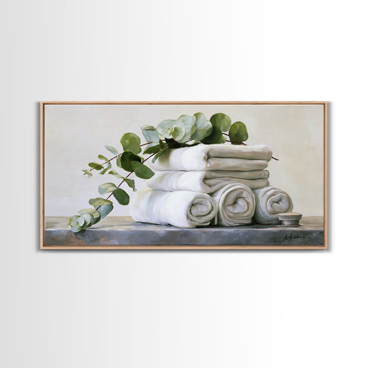 White Towels and Eucalyptus Without Room Context Framed Canvas Print, Spa Art, Statement Artwork, Spa Decor, Fine Art, Serenity, SPA-2x1-20