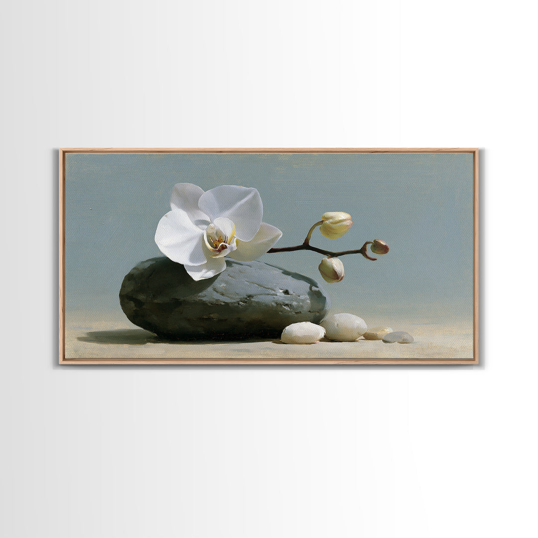 White Orchid on Smooth Gray Stone Canvas Print, Spa Art, Room Decor, Spa Decor, Serenity, Nature Prints, Travel Poster, SPA-2x1-22
