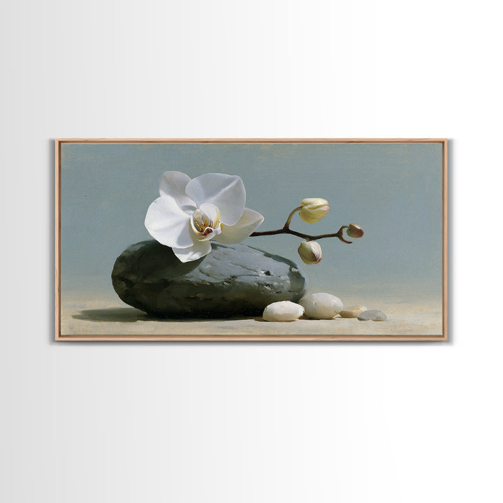 White Orchid on Smooth Gray Stone Canvas Print, Spa Art, Room Decor, Spa Decor, Serenity, Nature Prints, Travel Poster, SPA-2x1-22