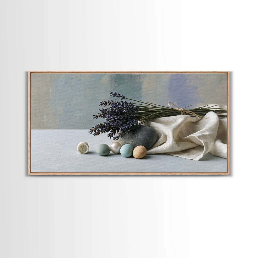Lavender Bundle with Soft Shadow Framed Canvas Print, Spa Art, Boho Decor, Spa Decor, Oil Painting, Serenity, Printable Art, SPA-2x1-27
