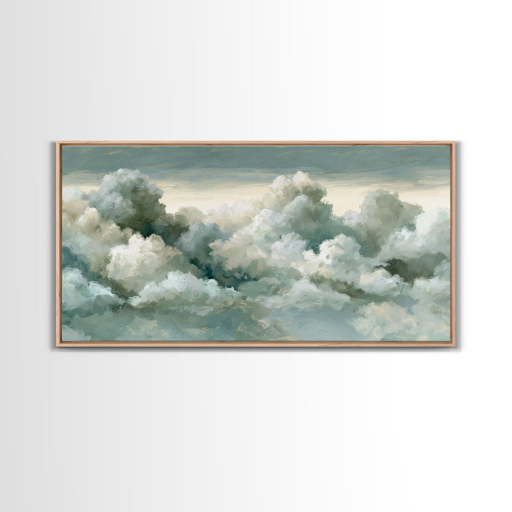 Soft Cloudscape in Cream and Sage Framed Canvas Print, Spa Art, Printable Wall Art, Spa Decor, Serenity, Feminine Wall Art, SPA-2x1-33
