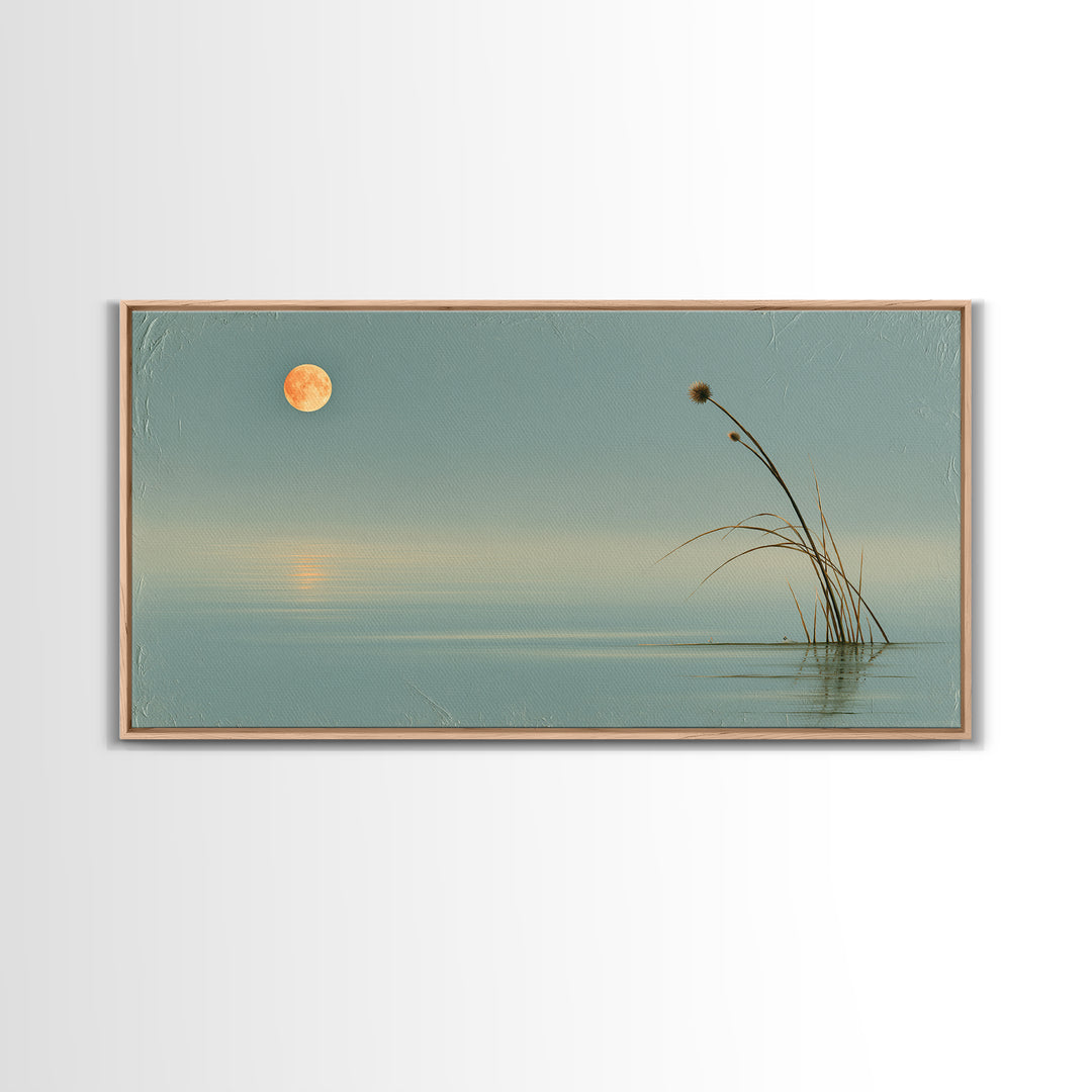 Moonlit Lake Reflection Framed Canvas Print, Spa Art, Botanical Art, Spa Decor, Oil Painting, Serenity, Fashion Wall Art, SPA-2x1-43