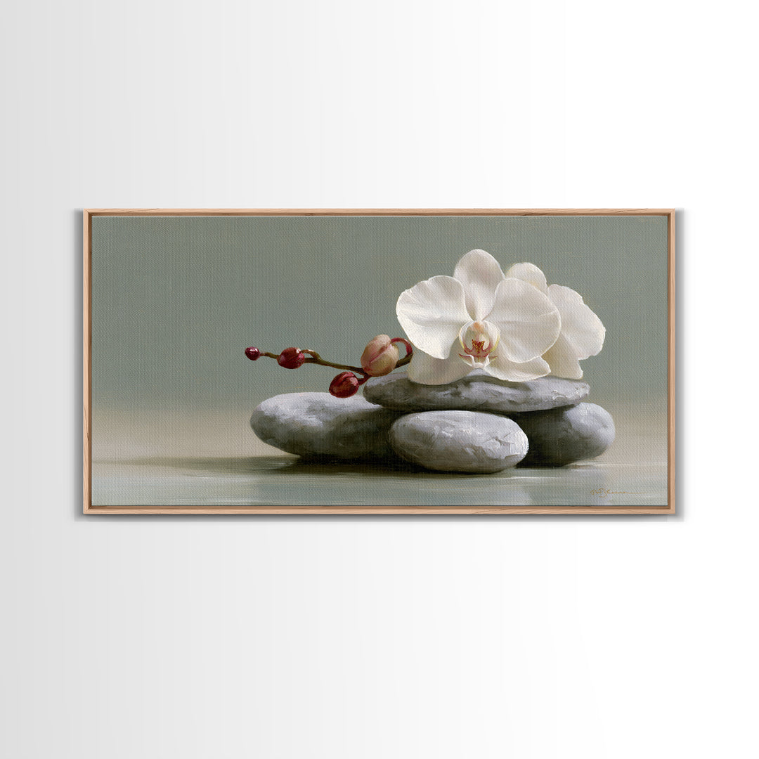 White Orchid on Smooth Gray Stone Framed Canvas Print, Spa Art, Art, Spa Decor, Serenity, Abstract Print, Minimalist Art, SPA-2x1-46