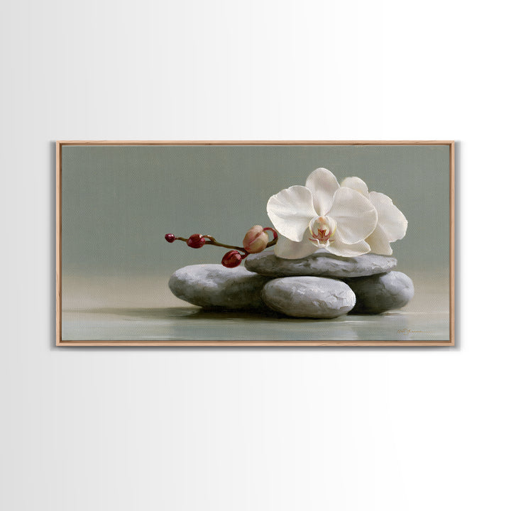 White Orchid on Smooth Gray Stone Framed Canvas Print, Spa Art, Art, Spa Decor, Serenity, Abstract Print, Minimalist Art, SPA-2x1-46