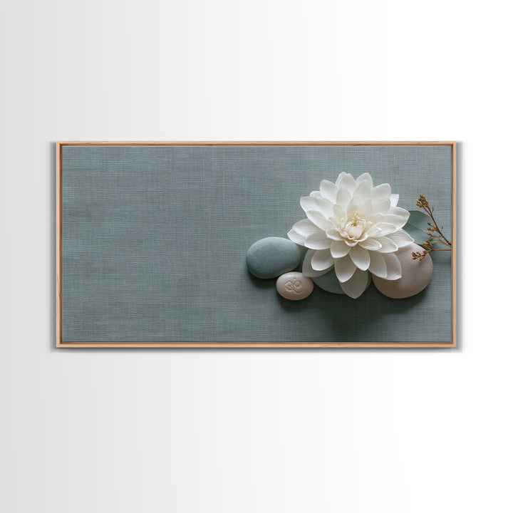 Single White Flower on Linen Ground Canvas Print, Spa Art, Abstract, Spa Decor, Fine Art, Serenity, City Art, Spa Wall Art, SPA-2x1-61