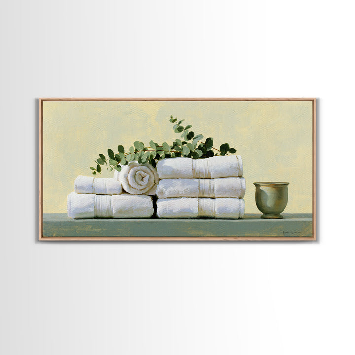 White Towels and Eucalyptus Without Room Context Canvas Print, Spa Art, Nature Prints, Spa Decor, Watercolor Art, Serenity, SPA-2x1-68