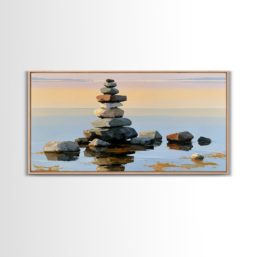 Stacked Stones Beside Calm Water Canvas Print, Spa Art, Animal Art, Spa Decor, Fine Art, Serenity, Gallery Decor, Neutral Decor, SPA-2x1-69