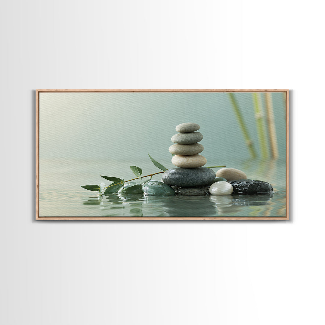 Stacked Stones Beside Calm Water Canvas Print, Spa Art, Animal Art, Spa Decor, Fine Art, Serenity, Gallery Decor, Neutral Decor, SPA-2x1-93