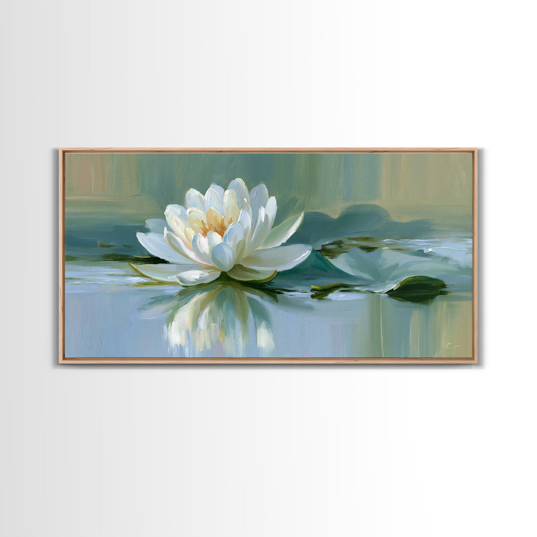 Lotus Flower Floating on Still Pond Framed Canvas Print, Spa Art, Dog Groomer Gifts, Spa Decor, Serenity, Fine Art Print, SPA-2x1-96