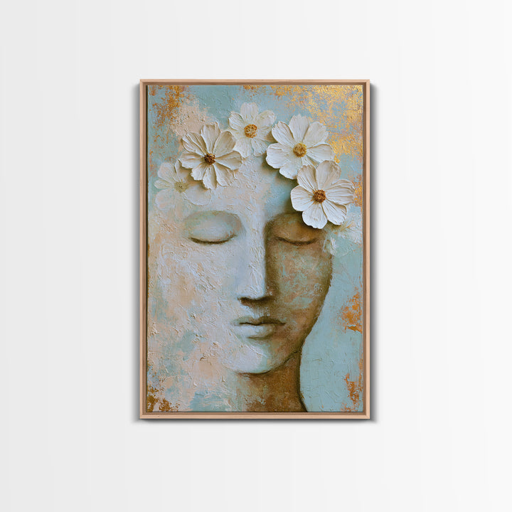 Minimal Face with Closed Eyes and Flowers Framed Canvas Print, Spa Art, Art Print, Spa Decor, Watercolor Art, Serenity, SPA-2x3-3