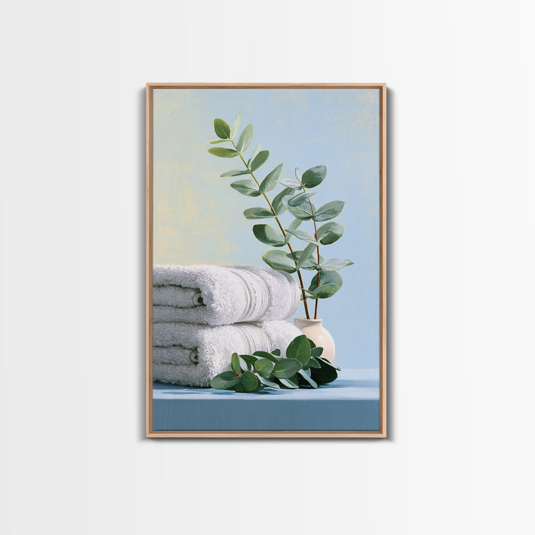 White Towels and Eucalyptus Without Room Context Framed Canvas Print, Spa Art, Spa Decor, Abstract Art, Serenity, SPA-2x3-56
