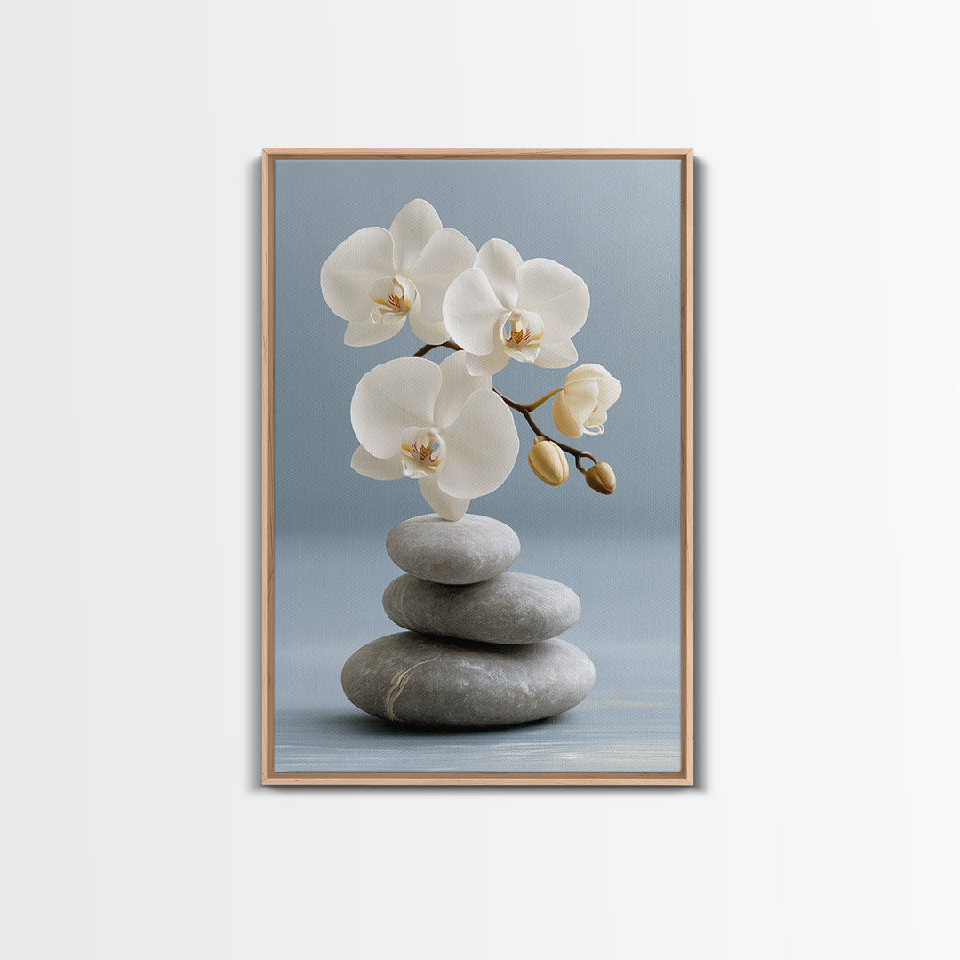 White Orchid on Smooth Gray Stone Canvas Print, Spa Art, Abstract, Spa Decor, Fine Art, Serenity, City Art, Spa Wall Art, SPA-2x3-82