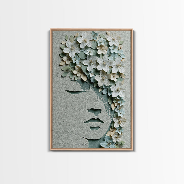 Minimal Face with Closed Eyes and Flowers Canvas Print, Spa Art, Spa Wall Art, Spa Decor, Watercolor Art, Serenity, SPA-2x3-99