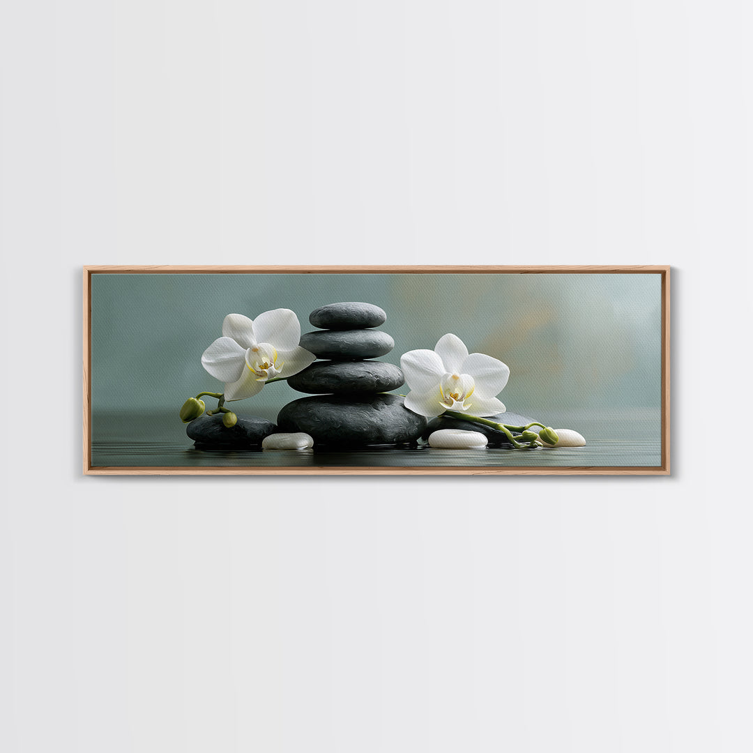 White Orchid on Smooth Gray Stone Framed Canvas Print, Spa Art, Dog Wall Art, Spa Decor, Fine Art, Serenity, Dog Canvas, SPA-3x1-18
