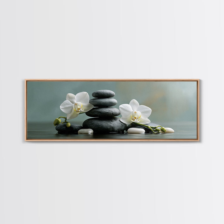 White Orchid on Smooth Gray Stone Framed Canvas Print, Spa Art, Dog Wall Art, Spa Decor, Fine Art, Serenity, Dog Canvas, SPA-3x1-18