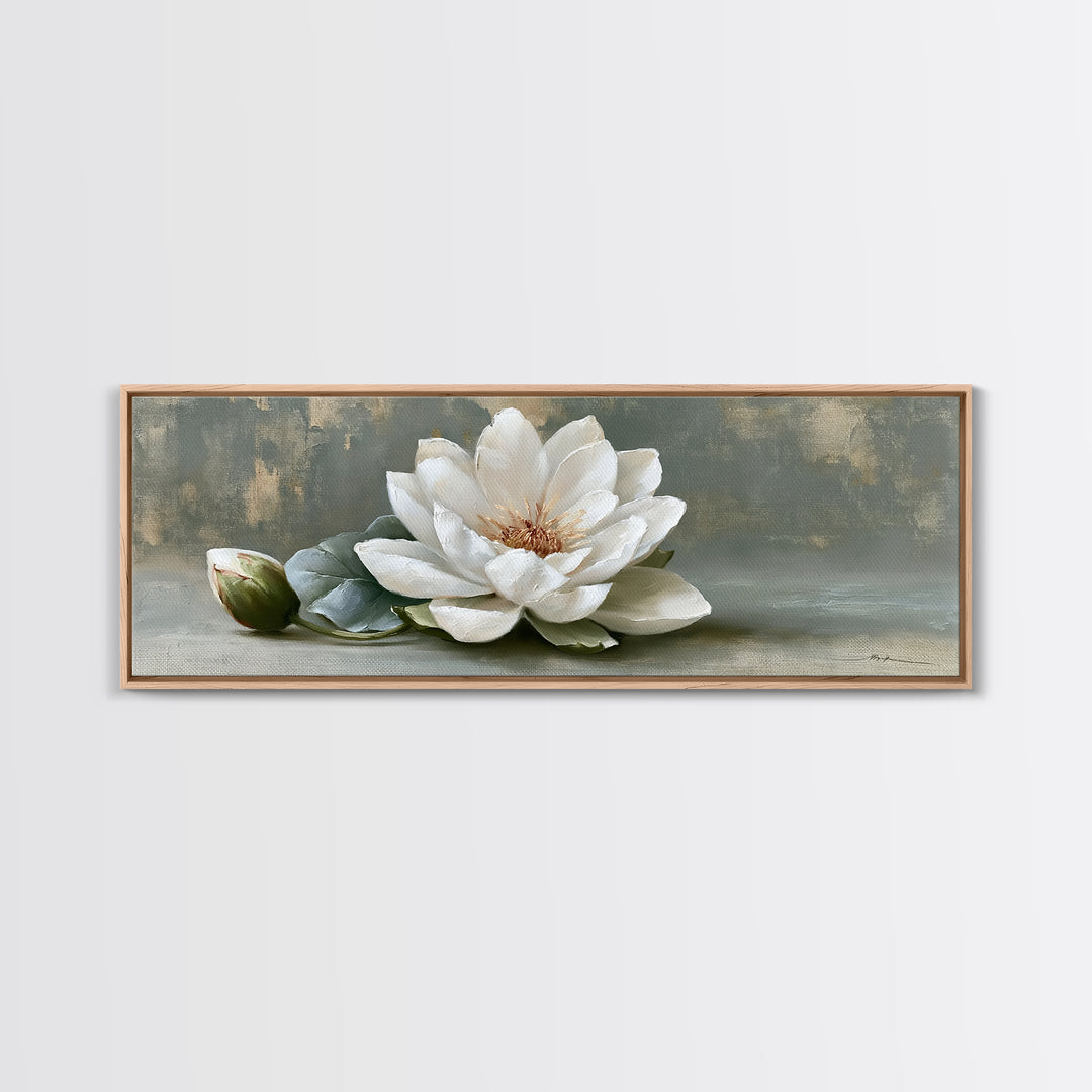 Single White Flower on Linen Ground Canvas Print, Spa Art, Salon Decor, Spa Decor, Oil Painting, Serenity, Statement Artwork, SPA-3x1-33