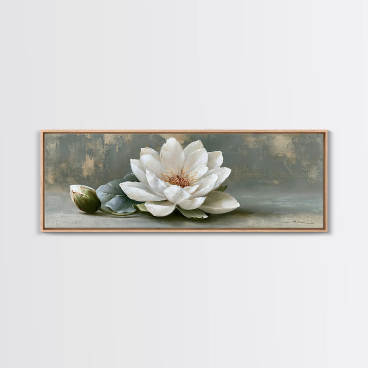 Single White Flower on Linen Ground Canvas Print, Spa Art, Salon Decor, Spa Decor, Oil Painting, Serenity, Statement Artwork, SPA-3x1-33