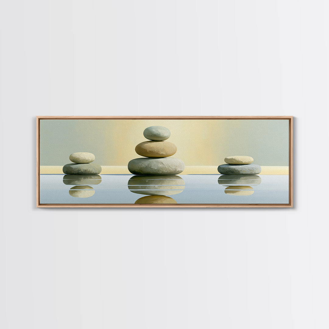 Stacked Stones Beside Calm Water Canvas Print, Spa Art, Wildlife Wall Art, Spa Decor, Watercolor Art, Serenity, SPA-3x1-41