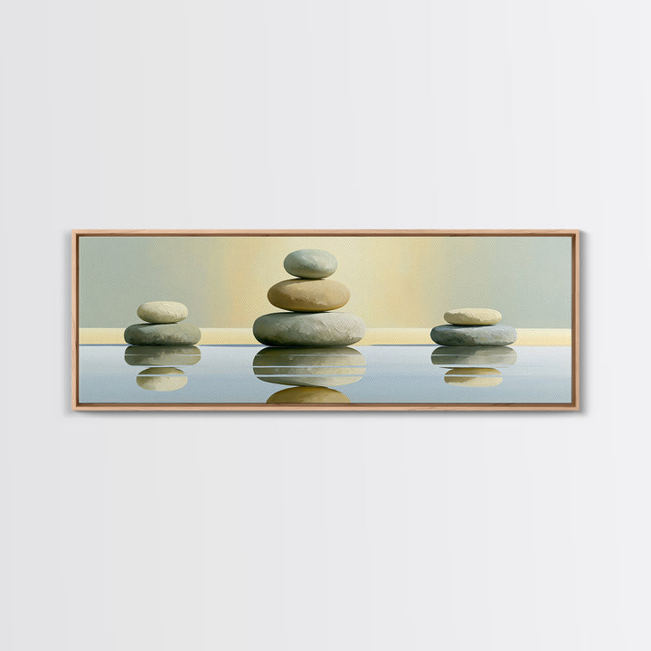 Stacked Stones Beside Calm Water Canvas Print, Spa Art, Wildlife Wall Art, Spa Decor, Watercolor Art, Serenity, SPA-3x1-41