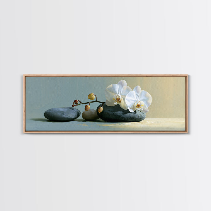 White Orchid on Smooth Gray Stone Canvas Print, Spa Art, Modern Home Decor, Spa Decor, Fine Art, Serenity, Neutral Decor, SPA-3x1-66