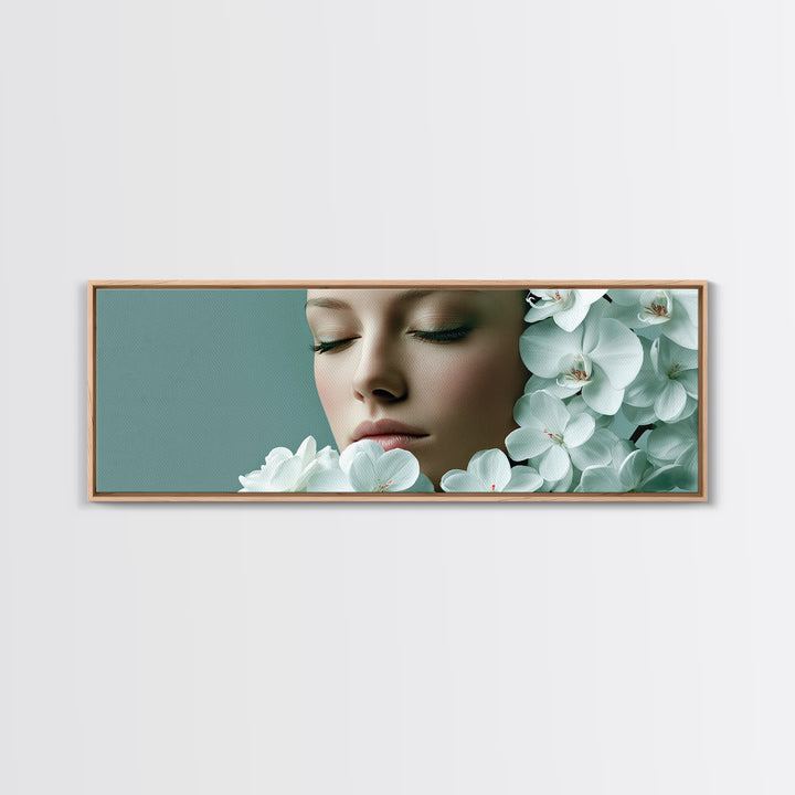 Minimal Face with Closed Eyes and Flowers Canvas Print, Spa Art, Travel Poster, Spa Decor, Watercolor Art, Serenity, SPA-3x1-83