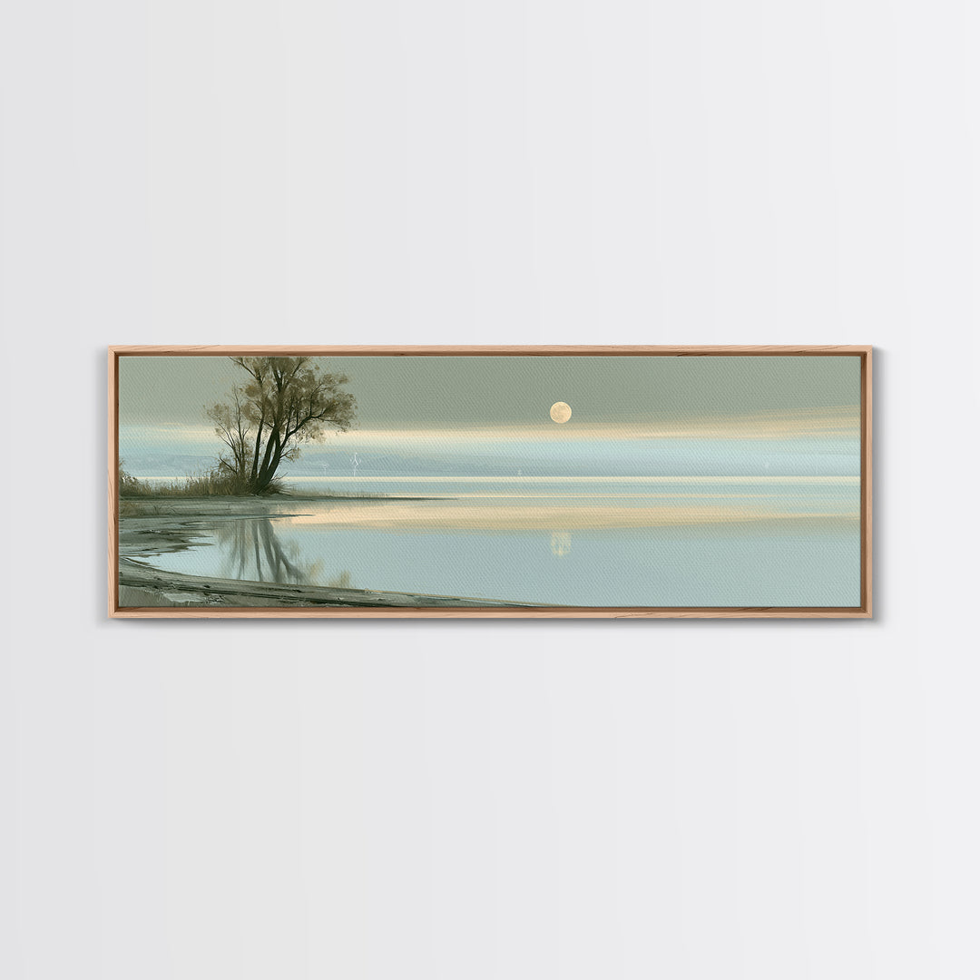 Moonlit Lake Reflection Framed Canvas Print, Spa Art, Abstract, Spa Decor, Watercolor Art, Serenity, City Art, Spa Wall Art, SPA-3x1-87