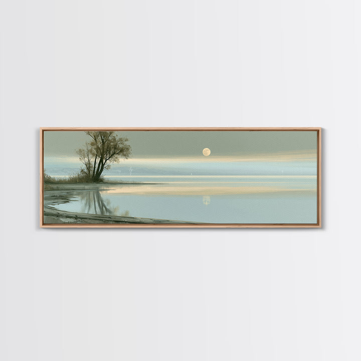 Moonlit Lake Reflection Framed Canvas Print, Spa Art, Abstract, Spa Decor, Watercolor Art, Serenity, City Art, Spa Wall Art, SPA-3x1-87