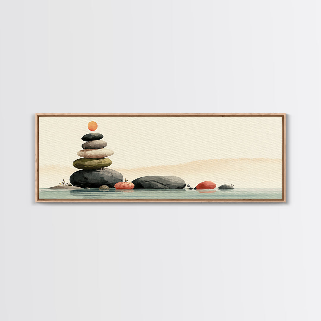 Stacked Stones Beside Calm Water Framed Canvas Print, Spa Art, Boho Decor, Spa Decor, Oil Painting, Serenity, Printable Art, SPA-3x1-89