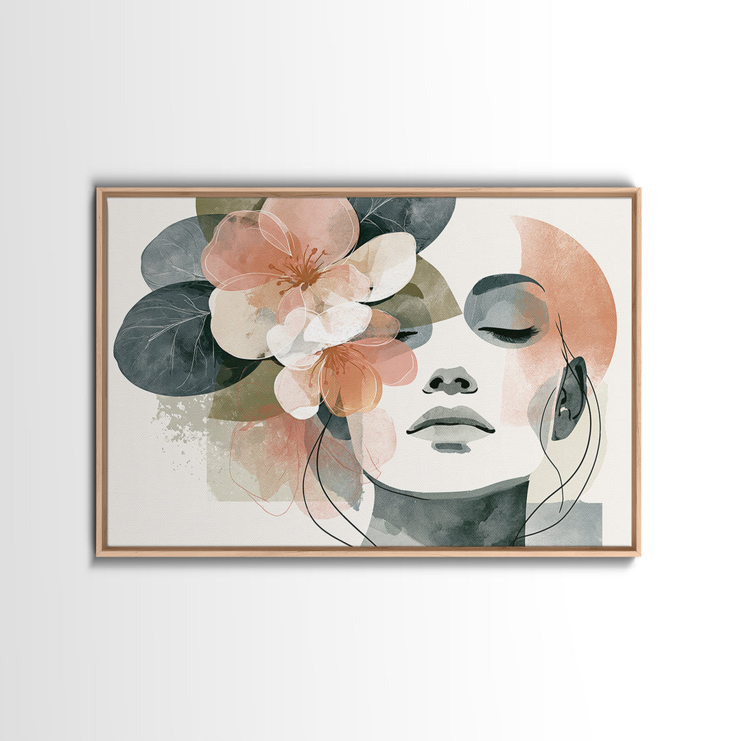 Minimal Face with Closed Eyes and Flowers Framed Canvas Print, Spa Art, Esthetician Decor, Spa Decor, Oil Painting, Serenity, SPA-3x2-23