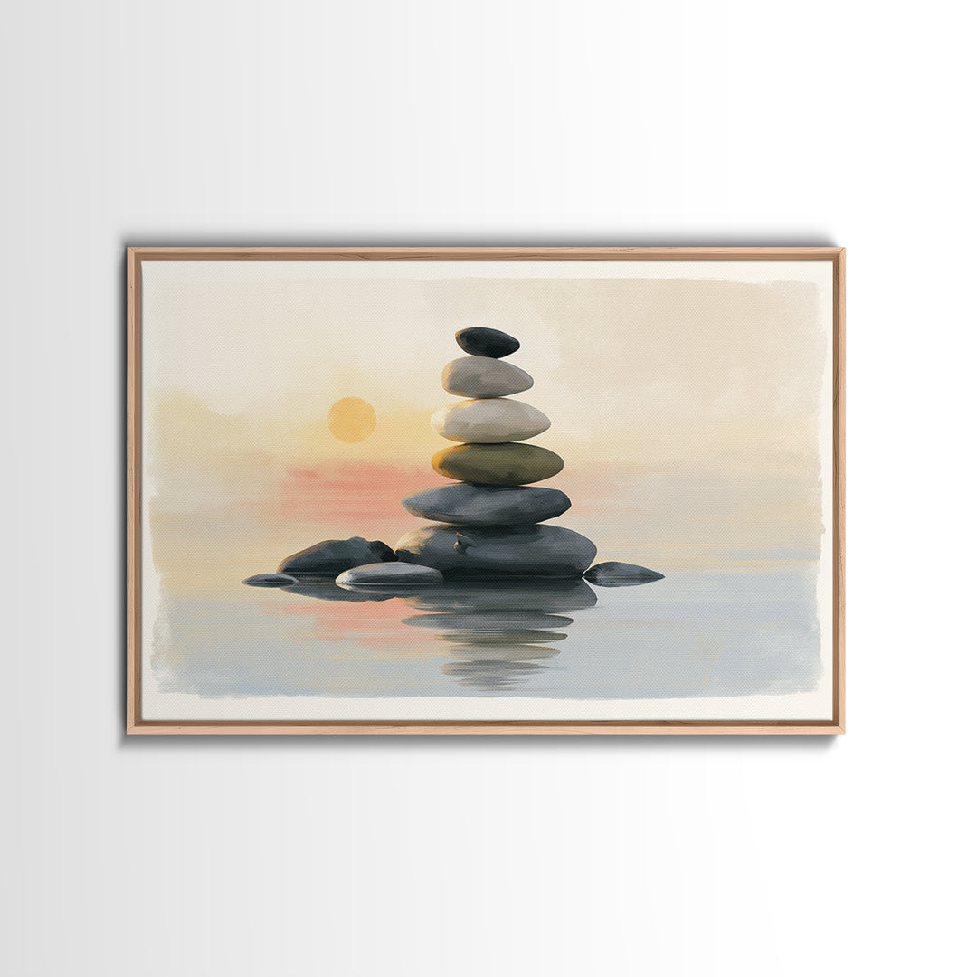 Stacked Stones Beside Calm Water Framed Canvas Print, Spa Art, Esthetician Decor, Spa Decor, Fine Art, Serenity, Room Decor, SPA-3x2-5