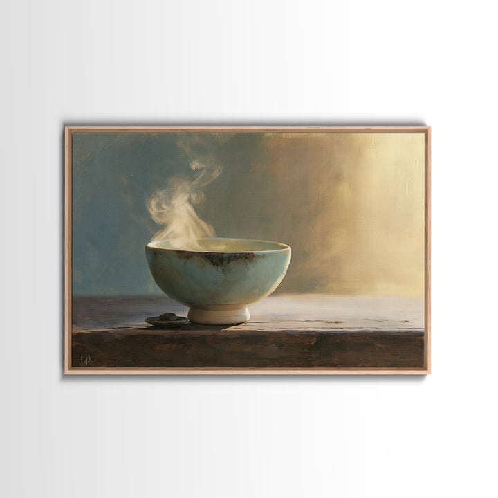 Tea Bowl and Steam Still Life Framed Canvas Print, Spa Art, Dog Groomer Gifts, Spa Decor, Oil Painting, Serenity, SPA-3x2-50