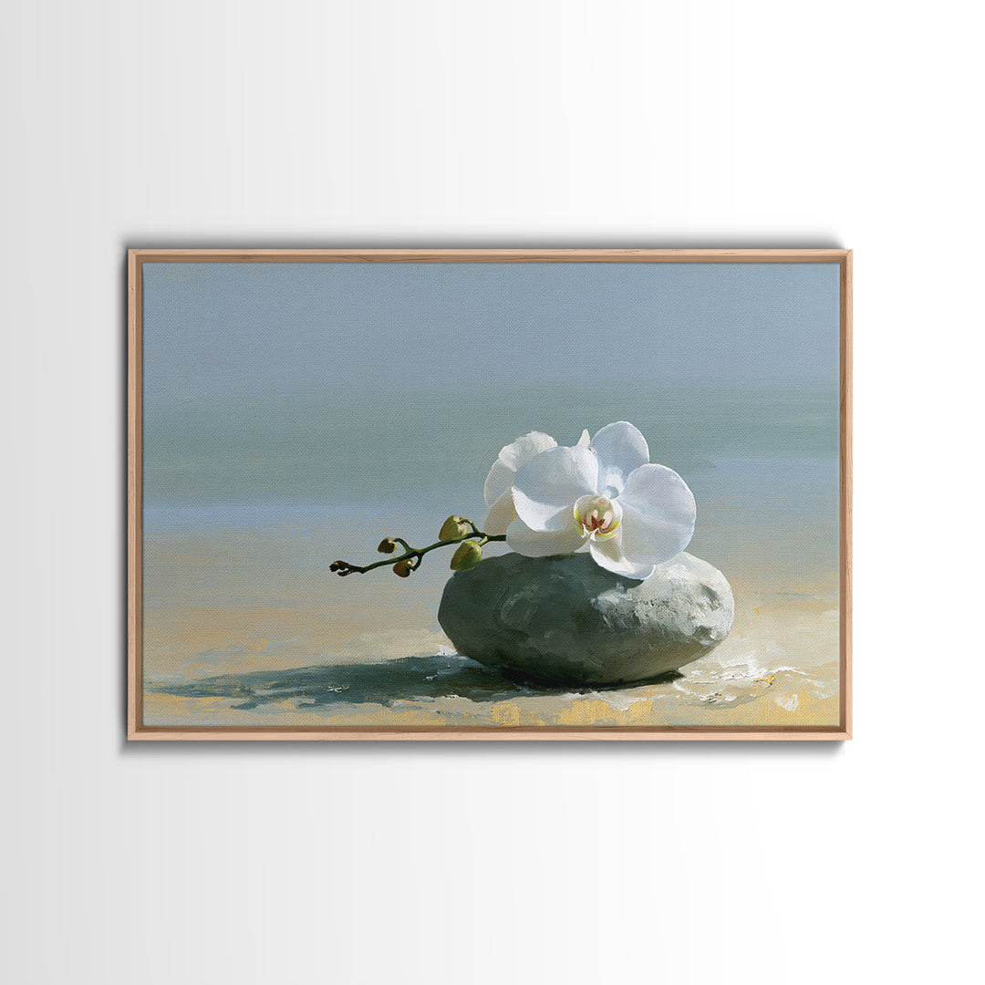 White Orchid on Smooth Gray Stone Canvas Print, Spa Art, Salon Decor, Spa Decor, Fine Art, Serenity, Statement Artwork, SPA-3x2-54