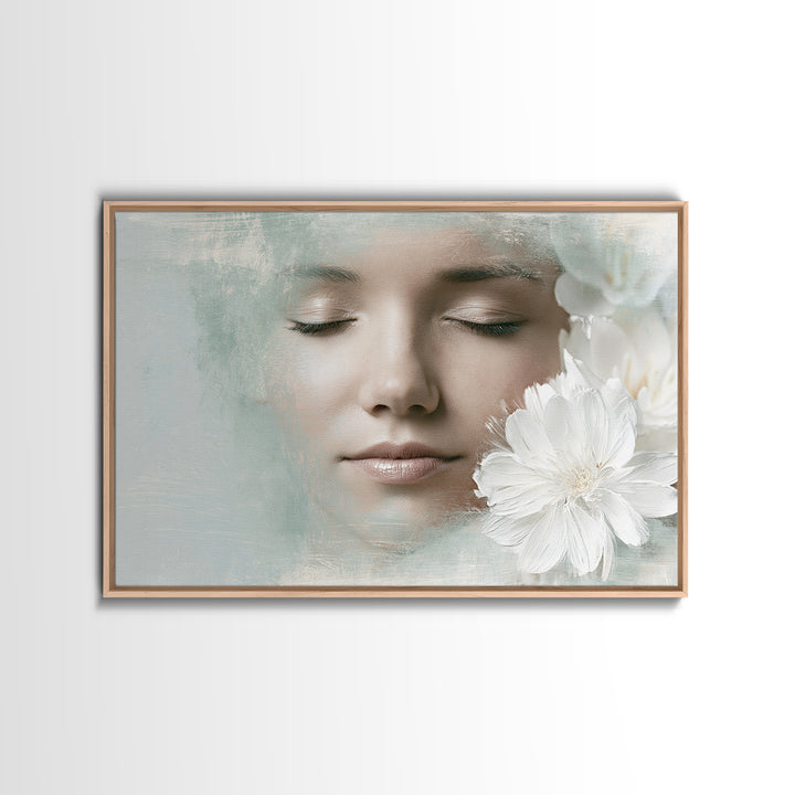 Minimal Face with Closed Eyes and Flowers Framed Canvas Print, Spa Art, Wildlife Wall Art, Spa Decor, Fine Art, Serenity, SPA-3x2-71