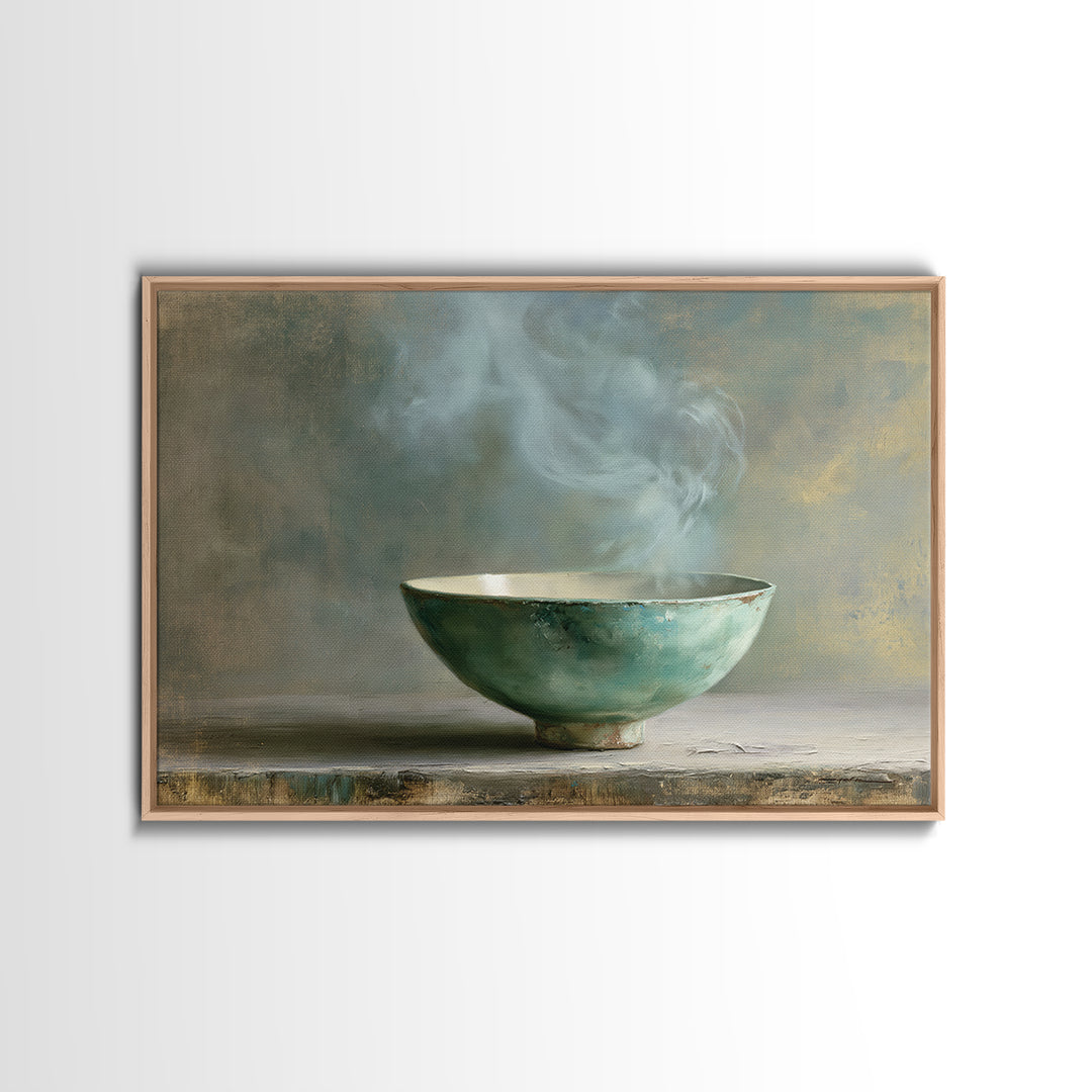 Tea Bowl and Steam Still Life Framed Canvas Print, Spa Art, Dog Groomer Gifts, Spa Decor, Oil Painting, Serenity, SPA-3x2-74