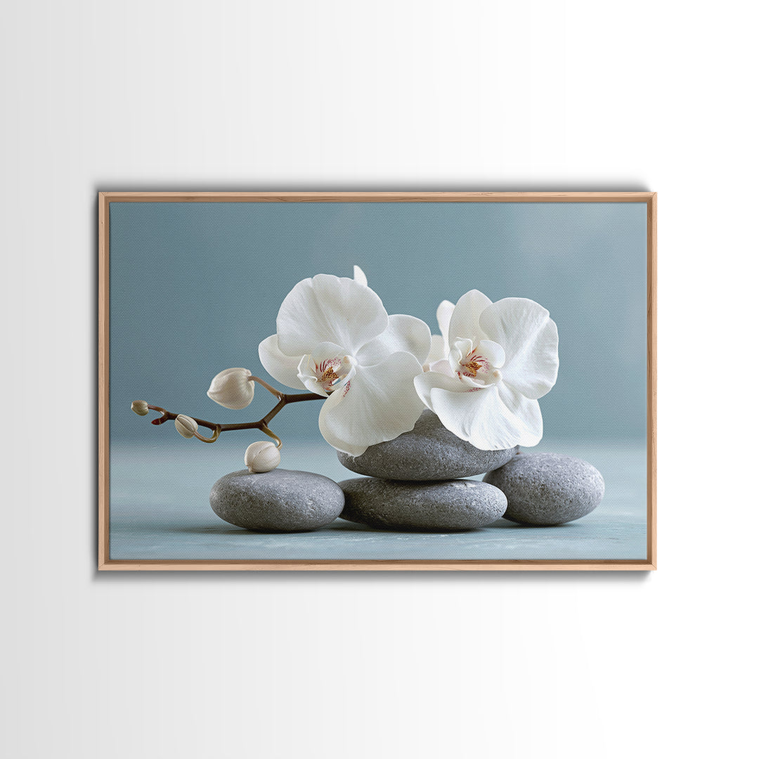 White Orchid on Smooth Gray Stone Framed Canvas Print, Spa Art, Tarot Card Art, Spa Decor, Fine Art, Serenity, SPA-3x2-78