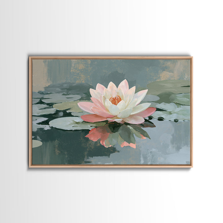 Lotus Flower Floating on Still Pond Framed Canvas Print, Spa Art, Home Decor, Spa Decor, Fine Art, Serenity, Dog Wall Art, SPA-3x2-80