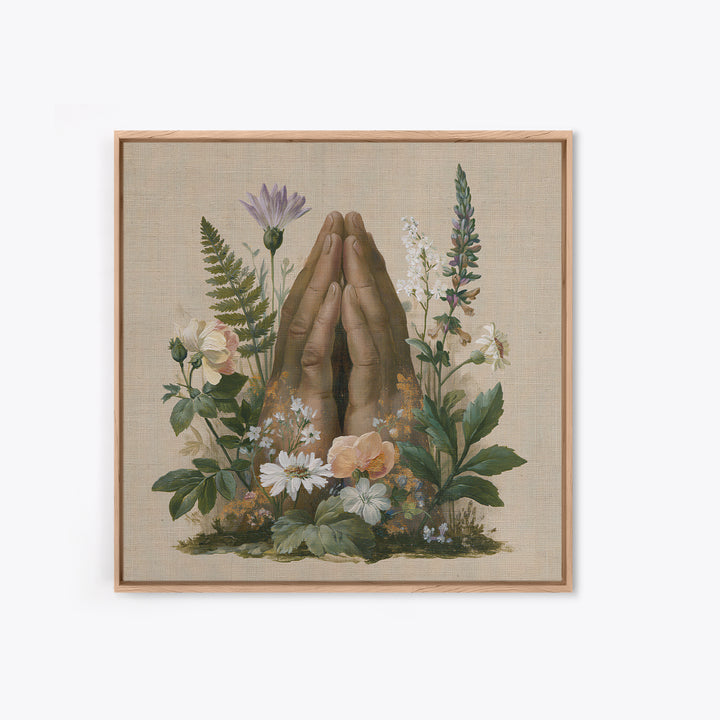 Prayer Hands with Botanical Details Framed Canvas Print, Spiritual Art, Printable Wall Art, Living Room Decor, Fine Art, Spirit, SPI-1x1-33