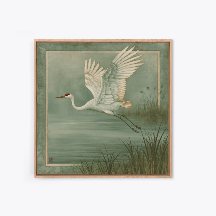 White Crane Flying Framed Canvas Print, Spiritual Art, Room Decor, Living Room Decor, Oil Painting, Spirit, Digital Print, SPI-1x1-48