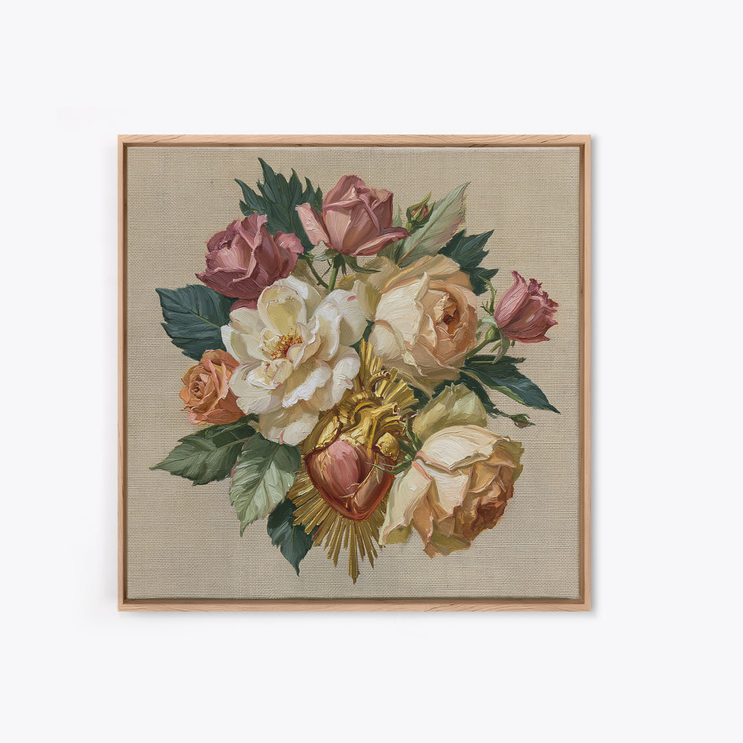 Sacred Heart with Roses and Gold Rays Framed Canvas Print, Spiritual Art, Textured Painting, Living Room Decor, Spirit, SPI-1x1-62