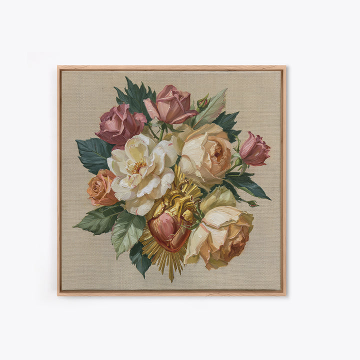 Sacred Heart with Roses and Gold Rays Framed Canvas Print, Spiritual Art, Textured Painting, Living Room Decor, Spirit, SPI-1x1-62