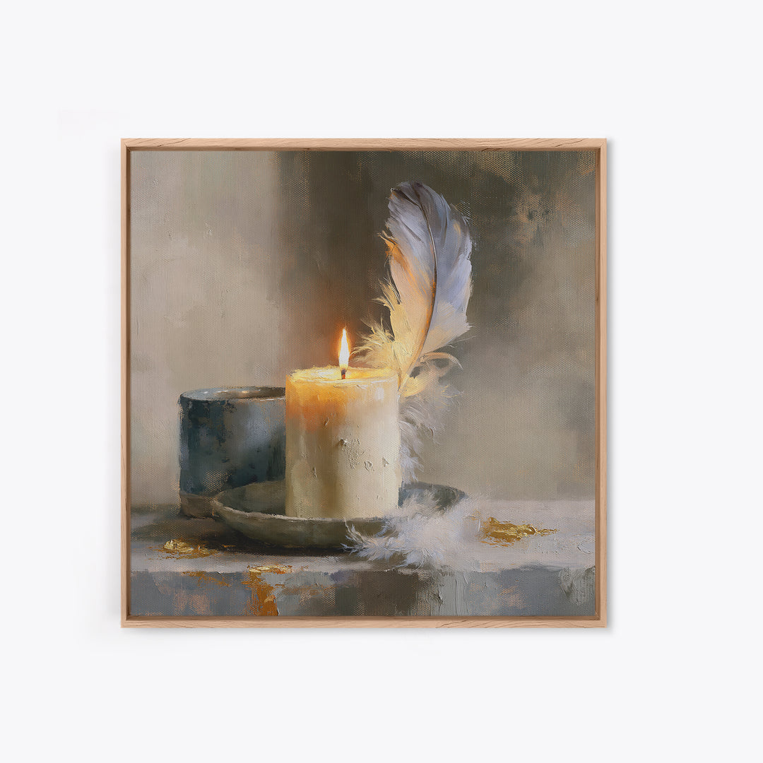 Candle and Feather Still Life Framed Canvas Print, Spiritual Art, Minimalist Wall Art, Living Room Decor, Fine Art, Spirit, SPI-1x1-68