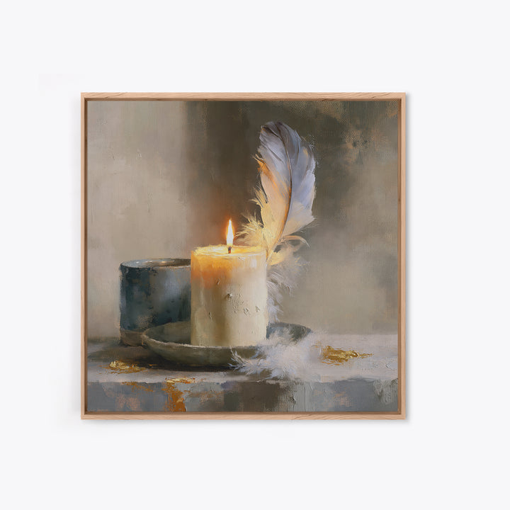 Candle and Feather Still Life Framed Canvas Print, Spiritual Art, Minimalist Wall Art, Living Room Decor, Fine Art, Spirit, SPI-1x1-68