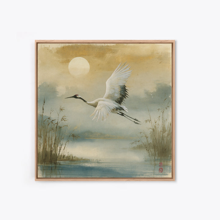 White Crane Flying Framed Canvas Print, Spiritual Art, Contemporary Art, Living Room Decor, Fine Art, Spirit, Minimalist Decor, SPI-1x1-72