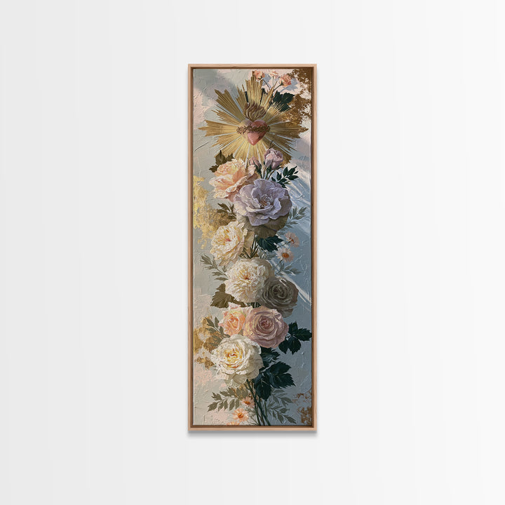 Sacred Heart with Roses and Gold Rays Canvas Print, Spiritual Art, Luxury Decor, Living Room Decor, Fine Art, Spirit, SPI-1x3-2