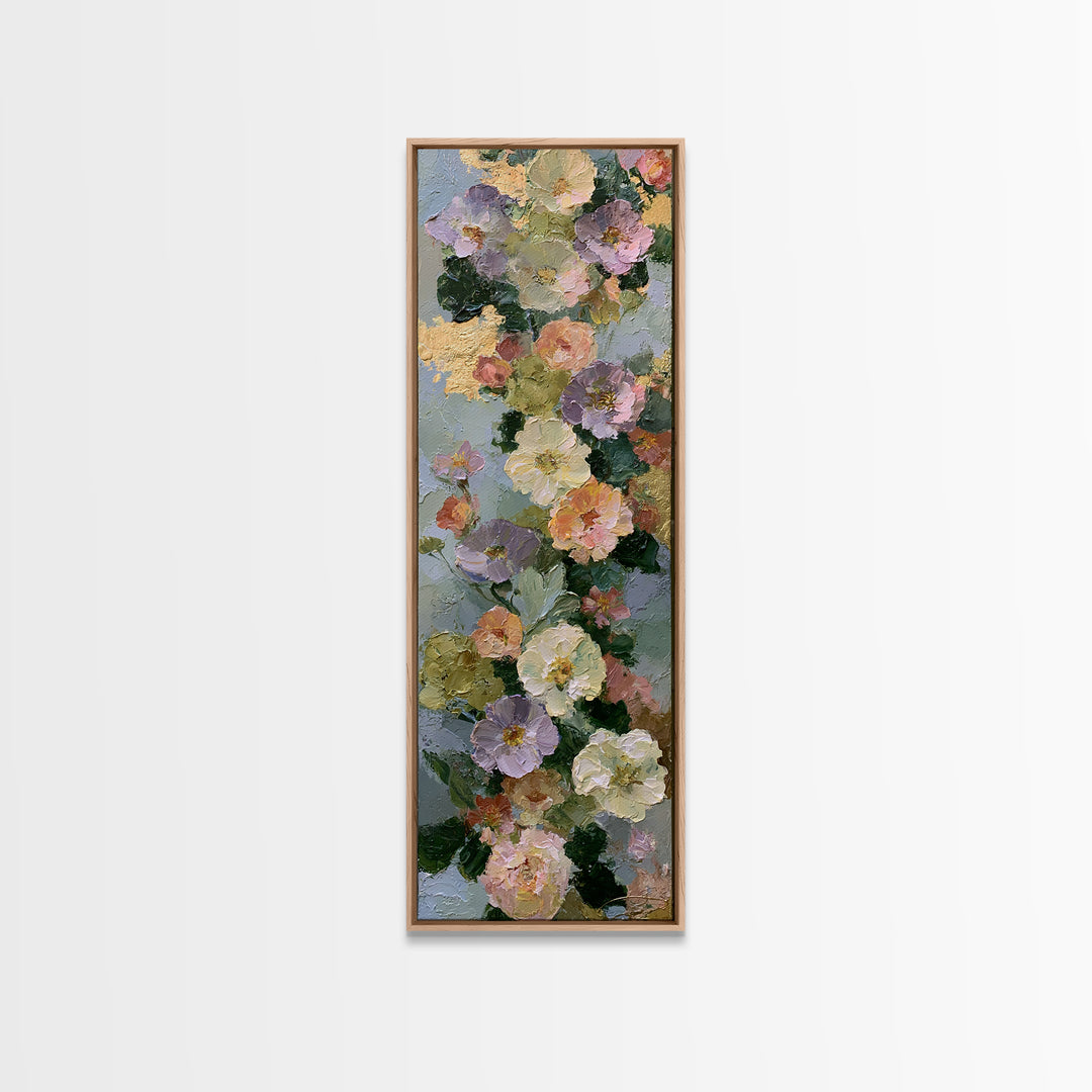 Serene Face with Closed Eyes and Flowers Framed Canvas Print, Spiritual Art, Boho Wall Art, Living Room Decor, Oil Painting, SPI-1x3-24