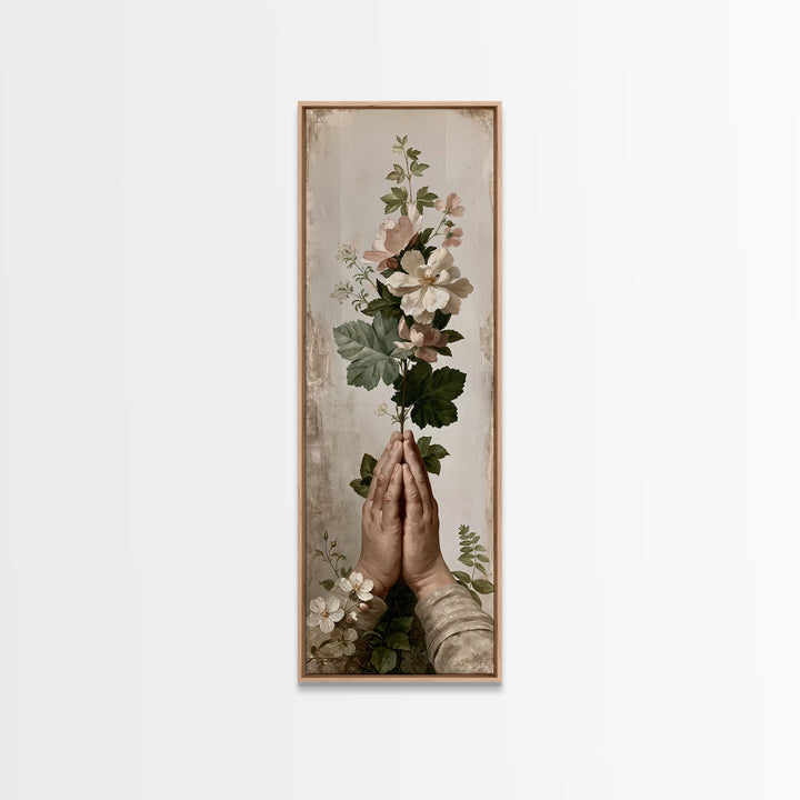 Prayer Hands with Botanical Details Framed Canvas Print, Spiritual Art, Canvas Wall Art, Living Room Decor, Watercolor Art, SPI-1x3-69