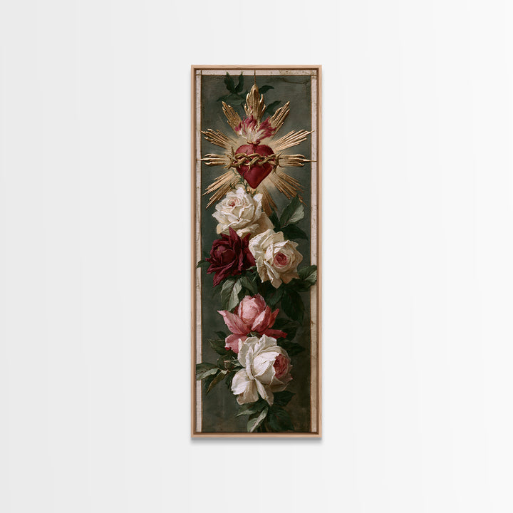 Sacred Heart with Roses and Gold Rays Canvas Print, Spiritual Art, Art Print, Living Room Decor, Spirit, Boho Wall Art, SPI-1x3-98
