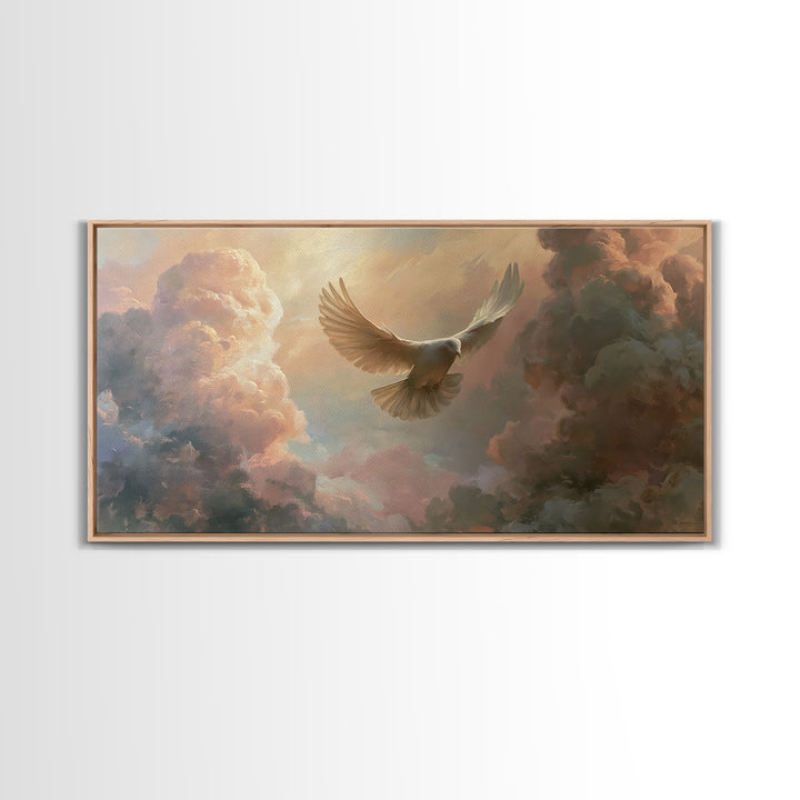 Dove Flying Through Radiant Clouds Framed Canvas Print, Spiritual Art, Funky Wall Art, Living Room Decor, Fine Art, Spirit, SPI-2x1-1