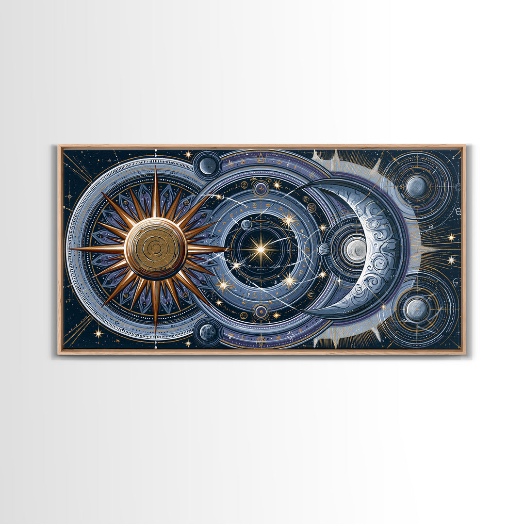 Sun and Moon Spiritual Balance Composition Framed Canvas Print, Spiritual Art, Trendy Wall Art, Living Room Decor, Spirit, SPI-2x1-100